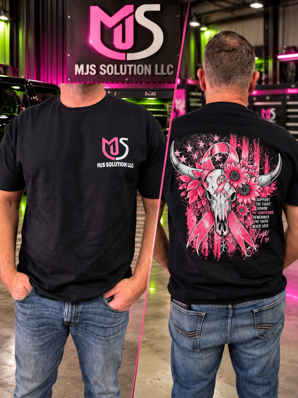 MJS breast cancer awareness T-shirt front and back