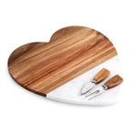 Heart-shaped acacia wood and marble serving set with cheese utensils