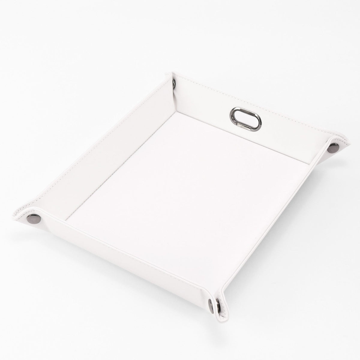 White leatherette valet tray with snap corners and cable opening