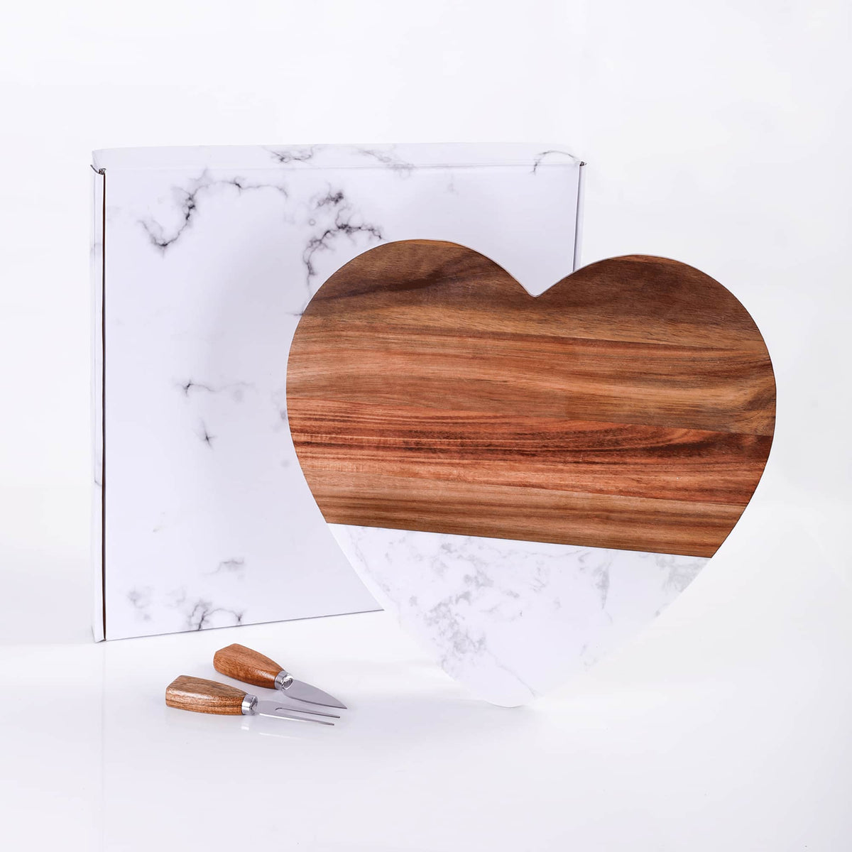 Personalized Heart-Shaped Wood & Marble Serving Set